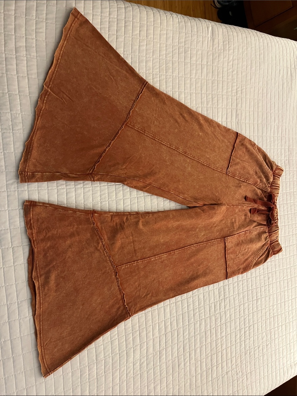 Zenana Boho Wide-Leg French Terry Ribbon Drawstring Pants in Washed Rust